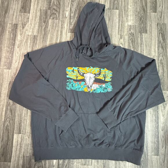 Rock & Roll Denim XXL Desert Skull Graphic Hoodie Black Oversized Pullover - Picture 1 of 6